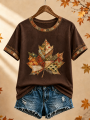 Women's Autumn maple leaf printed short-sleeved T-shirt