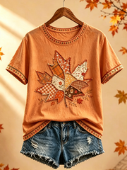 Women's Autumn maple leaf printed short-sleeved T-shirt