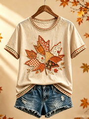 Women's Autumn maple leaf printed short-sleeved T-shirt