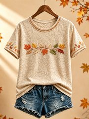 Women's Autumn maple leaf printed short-sleeved T-shirt