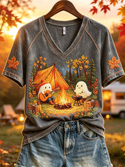 Women's Lovely Camping Ghosts Fall Forest Print short-sleeved T-shirt