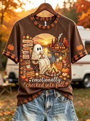 Women's Emotionally Checked into Fall Cozy Ghost by Campfire Print short sleeve T-shirt
