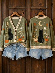 Women's Halloween Black Cat & Ghost Fall Pumpkin Floral Print Cozy Cardigan