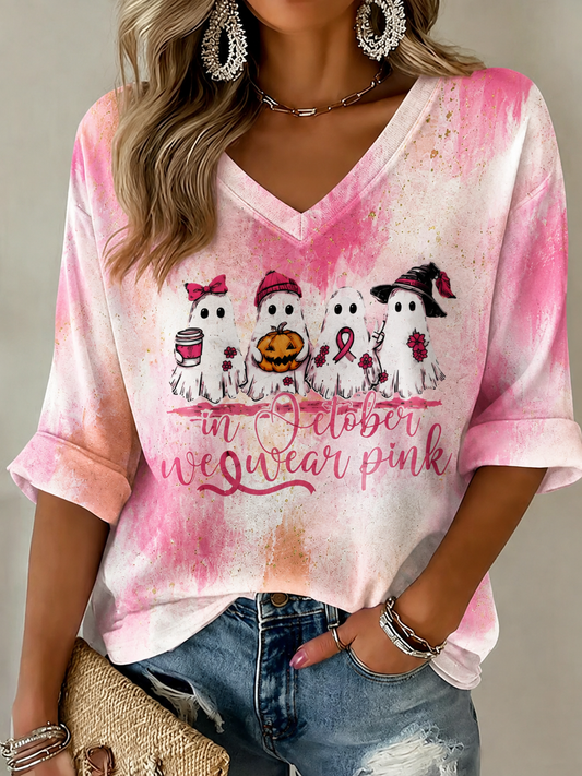 Women's In October We Wear Pink Mid-length Sleeves V-Neck T-Shirt