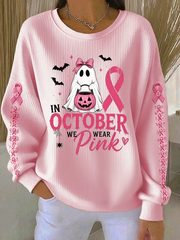 Women's In October We Wear Pink Ribbed Round-Neck Sweatshirt