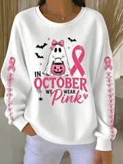 Women's In October We Wear Pink Ribbed Round-Neck Sweatshirt