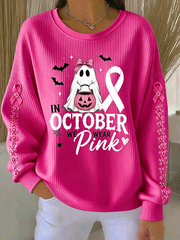 Women's In October We Wear Pink Ribbed Round-Neck Sweatshirt