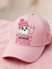 Unisex In October We Wear Pink Halloween Pink Ghost Print Breast Cancer Awareness Support Hat