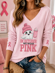 Women's In October We Wear Pink Halloween Pink Ghost Print Breast Cancer Awareness Support V-Neck Long-Sleeve T-Shirt