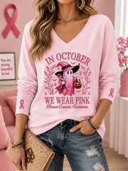 Women's In October We Wear Pink Halloween Pink Ghost Print Breast Cancer Awareness Support V-Neck Long-Sleeve T-Shirt