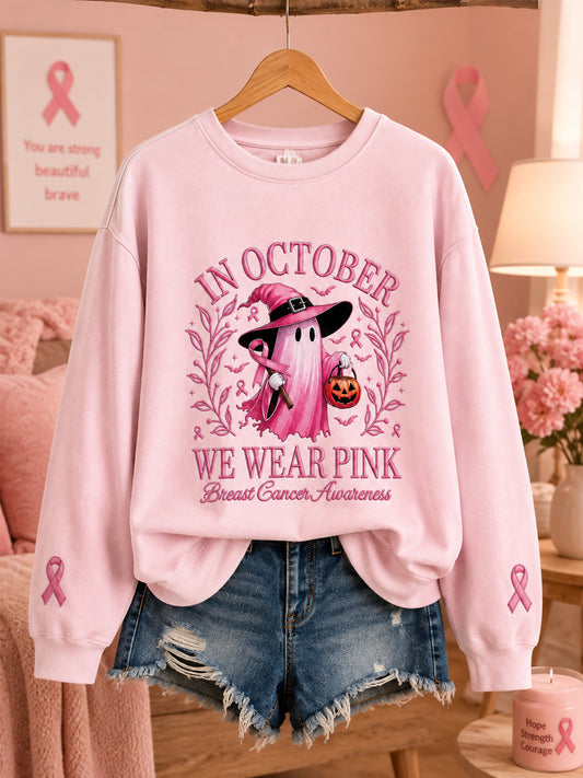 Women's In October We Wear Pink Halloween Pink Ghost Print Breast Cancer Awareness Support Sweatshirt
