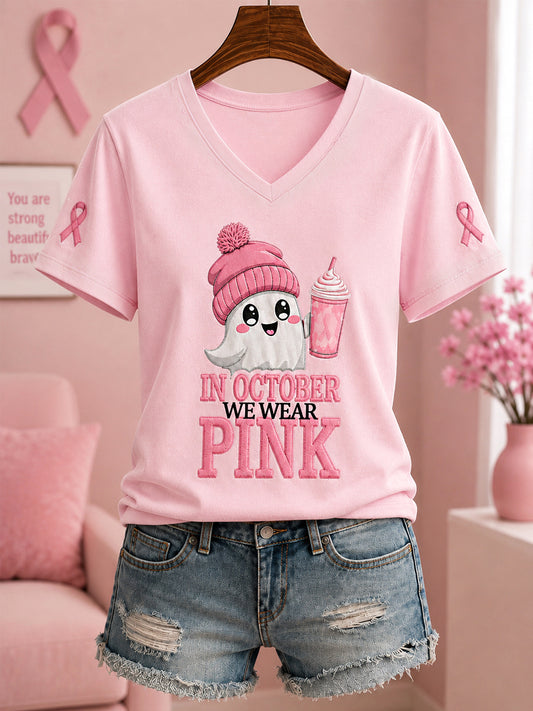 Women's In October We Wear Pink Halloween Pink Ghost Print Breast Cancer Awareness Support V-Neck Tee