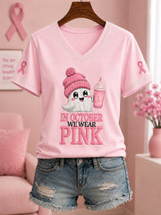 Women's In October We Wear Pink Halloween Pink Ghost Print Breast Cancer Awareness Support V-Neck Tee