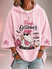 Women's In October We Wear Pink Halloween Pink Ghost Print Breast Cancer Awareness Support 3/4 Sleeve Hoodie