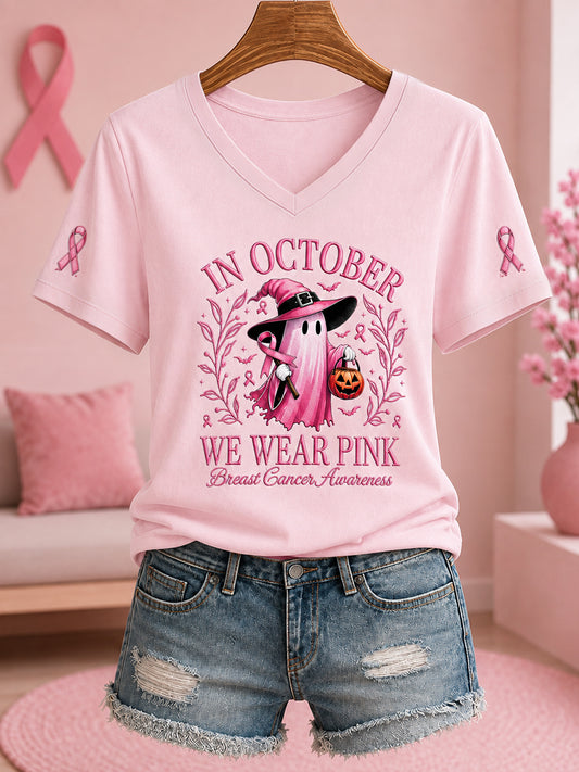 Women's In October We Wear Pink Halloween Pink Ghost Print Breast Cancer Awareness Support V-Neck Tee
