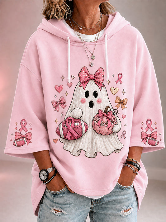 Women's In October We Wear Pink Halloween Pink Ghost Print Breast Cancer Awareness Support 3/4 Sleeve Hoodie