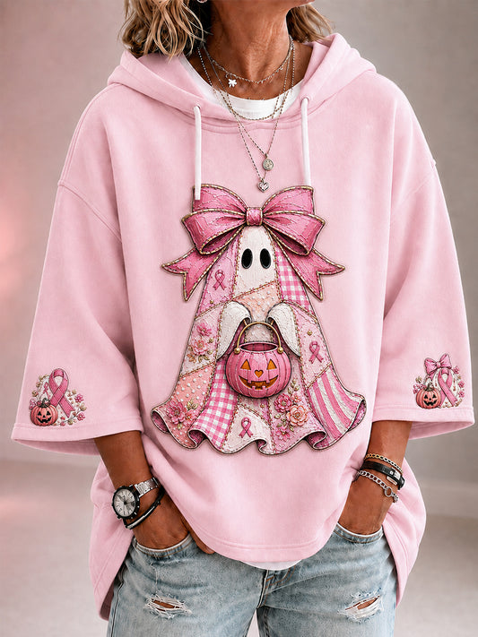 Women's In October We Wear Pink Halloween Pink Ghost Print Breast Cancer Awareness Support 3/4 Sleeve Hoodie