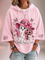Women's In October We Wear Pink Halloween Pink Ghost Print Breast Cancer Awareness Support 3/4 Sleeve Hoodie