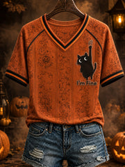 Women's Black Cat I'm Fine Halloween Printed V-neck T-shirt