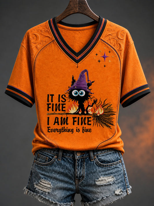 Women's It Is Fine I Am Fine Everything Is Fine Cat Halloween Printed V-neck T-shirt