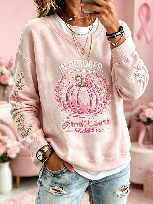 Women's Breast Cancer Theme Halloween Elements Pattern Printed Casual Sweatshirt