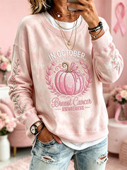 Women's Breast Cancer Theme Halloween Elements Pattern Printed Casual Sweatshirt