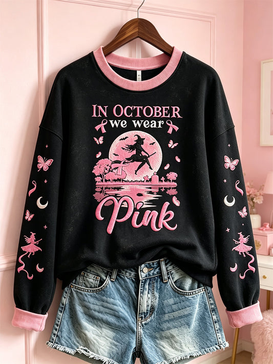 Women's Breast Cancer Theme Halloween Elements Pattern Printed Casual Sweatshirt
