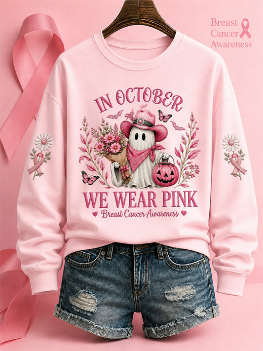 Women's"In October We Wear Pink" Breast Cancer Awareness Halloween Casual Regular Sweatshirt