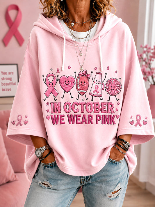Women's In October We Wear Pink Breast Cancer Awareness Support 3/4 Sleeve Hoodie
