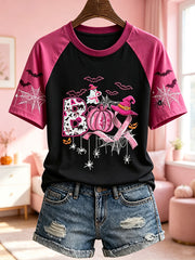 Women's Breast Cancer Theme Halloween Elements Pattern Printed Casual Short Sleeve T-Shirt