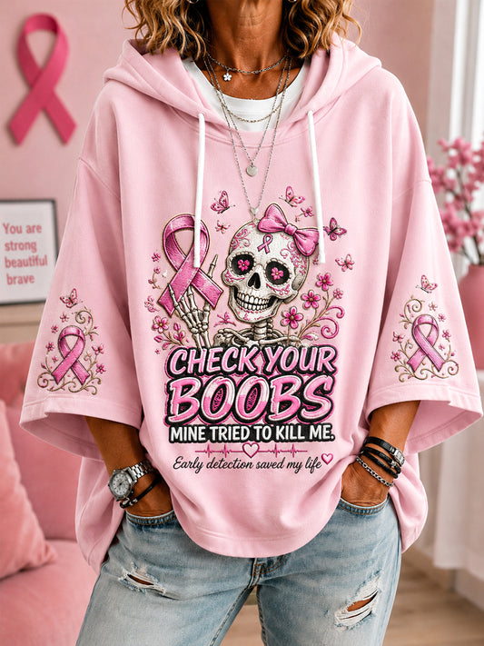 Women’s In October We Wear Pink Cheek Your Boos Skull Print Breast Cancer Awareness Support 3/4 Sleeve Hoodie