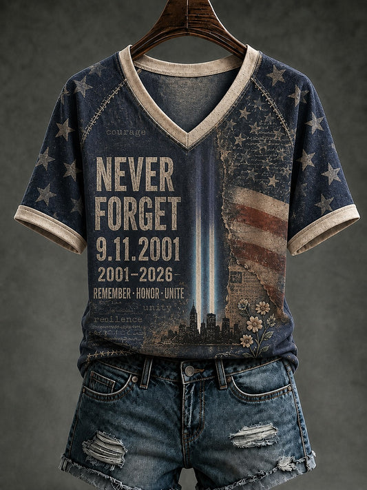 Women's 9.11 Never Forget Printed V-neck T-shirt