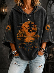 Women's Funny Halloween Witch Why Yes, I Can Drive A Stick Print Casual 3/4 Sleeve Hoodie