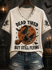 Women's Funny Halloween Skeleton Witch Dead Tired But Still Flying Print Casual V-Neck Tee