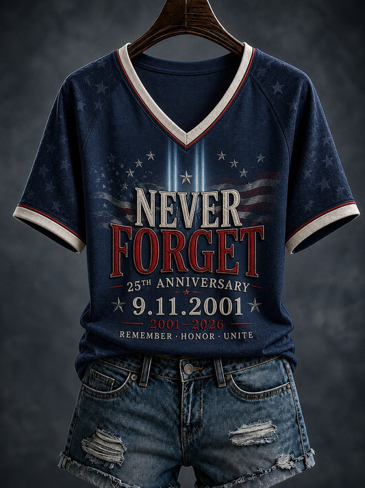 Women's 9.11 Never Forget Printed V-neck T-shirt