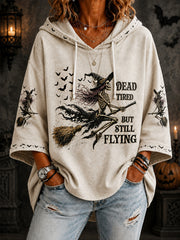 Women's Funny Halloween Skeleton Witch Dead Tired But Still Flying Print Casual 3/4 Sleeve Hoodie