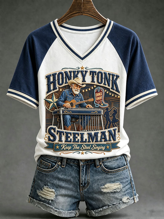 Women's Honky Tonk Steelman Keep The Steel Singing V-neck T-shirt