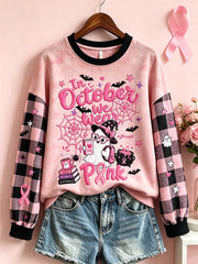 Women's Breast Cancer Theme Halloween Cute Boo Elements Pattern Printed Casual Sweatshirt