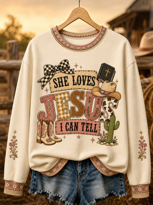 Women's She Loves Jesus I Can Tell Print Casual Sweatshirt