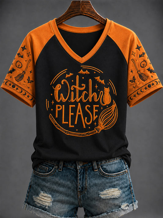 Women's Halloween “Witch  PLEASE” Printed V-neck T-shirt