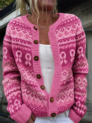 Women's Breast Cancer Awareness Pink Ribbon Isle Print Cozy Cardigan