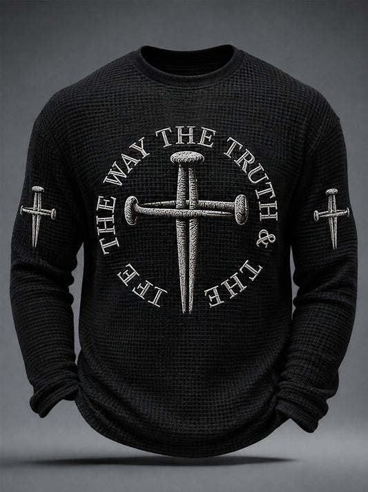 Men's Jesus The Way The Truth The Life John 14:6 Cross Graphic Waffle Long Sleeve T-Shirt