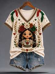 Women's Mexico Guelaguetza Lele Doll Art Printed T-shirt