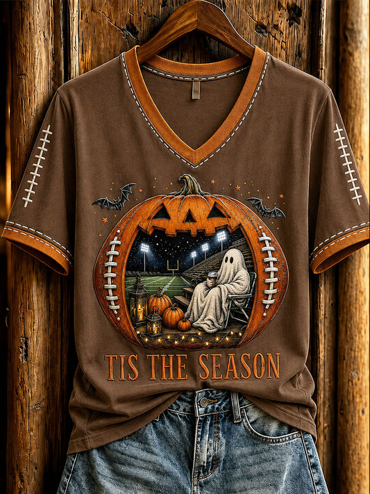 Women's Vintage Halloween Football Tis The Season Ghost Game Day Printed Casual T-shirt