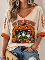 Women's Vintage Halloween Football Tis The Season Ghost Game Day Printed Casual T-shirt