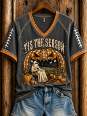 Women's Vintage Halloween Football Tis The Season Ghost Game Day Printed Casual T-shirt