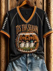 Women's Vintage Halloween Football Tis The Season Ghost Game Day Printed Casual T-shirt