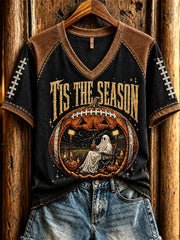 Women's Vintage Halloween Football Tis The Season Ghost Game Day Printed Casual T-shirt