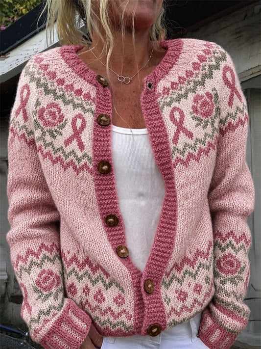 Women's Vintage Pink Roses Breast Cancer Ribbon Isle Pattern Print Cardigan