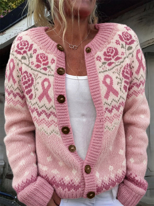 Women's Vintage Pink Roses Breast Cancer Ribbon Isle Pattern Print Cardigan
